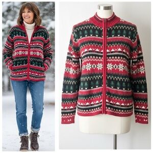 Heirloom Collectibles Christmas Zip Cardigan Snowflake Tree Holiday Sweater Med